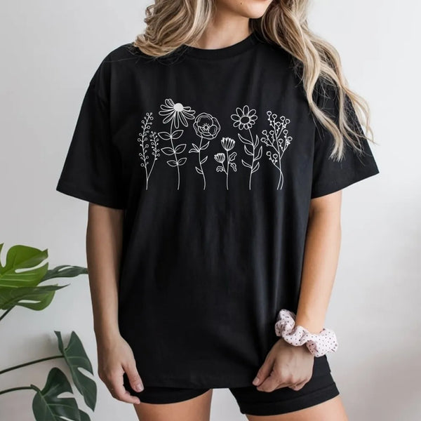 Wildflower T-Shirt | Minimalist Botanical Line Art Graphic | 100% Cotton Premium Tee | Cottagecore Gift for Plant Lovers