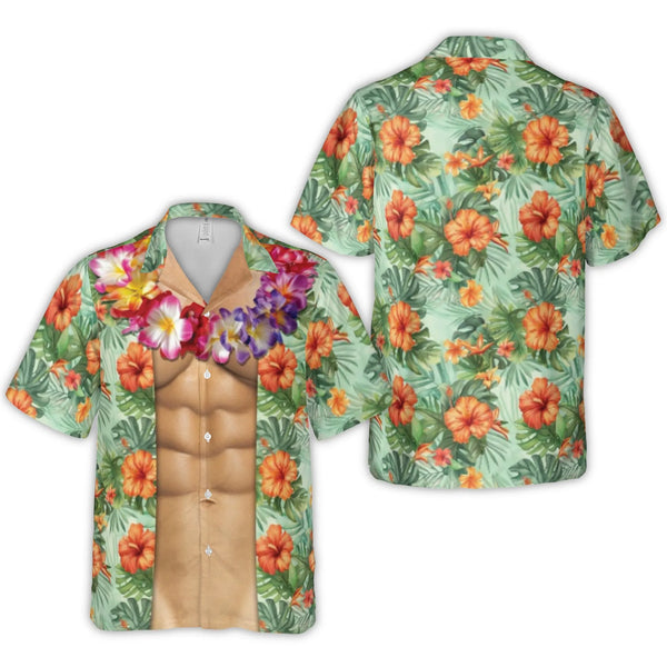 Fake Six-Pack Abs Hawaiian Shirt | Tropical Hibiscus Lei Print | Premium Wrinkle-Resistant Polyester | Funny Summer Vacation 