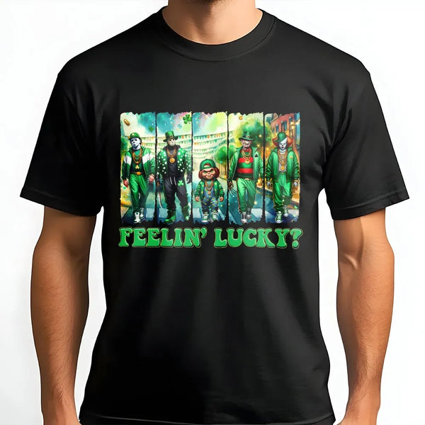 Feelin Lucky Horror T-Shirt | Slasher Movie Squad St. Patrick's Day Graphic Tee | 100% Cotton Premium Unisex Shirt | Funny Ho