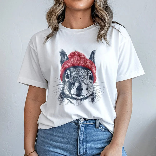 Squirrel T-Shirt | Cute Animal Wearing Red Beanie Illustration | 100% Premium Cotton Tee | Wildlife Lover Gift For Men And Wo