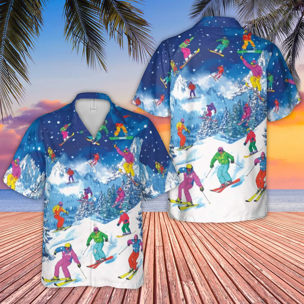 Skiing Hawaiian Shirt | Retro Snowboarder Winter Mountain Print | Premium Woven Polyester | Unique Gift for Skiers and Winter
