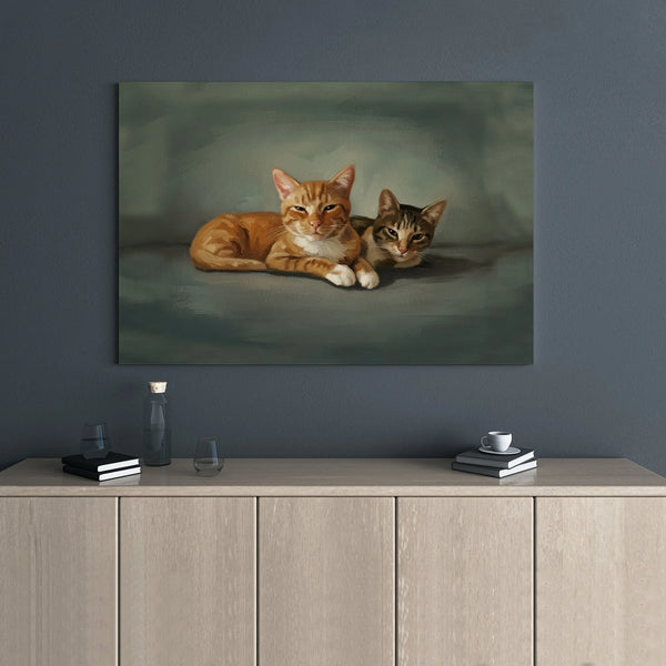 Two Cats Painting Canvas Wall Art | Orange and Brown Tabby Portrait | Premium Gallery Wrap Decor | Gift for Cat Lovers and Pe