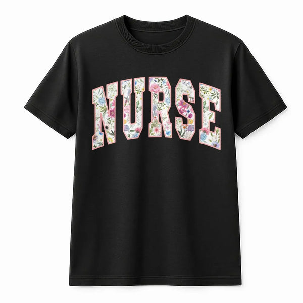 Floral Nurse T-Shirt | Botanical Varsity Letter Design | Premium 100% Cotton | Appreciation Gift for Registered Nurses & Nurs