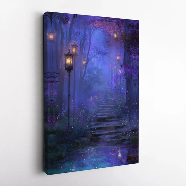 Enchanted Forest Canvas Wall Art | Magical Glowing Lanterns Path | Premium Gallery Wrapped Decor | Fantasy Room Gift for Natu