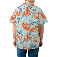 Shrimp Print Hawaiian Shirt | Tropical Seafood Beach Button Down | Lightweight Woven Polyester | Fun Summer Vacation Gift for Men