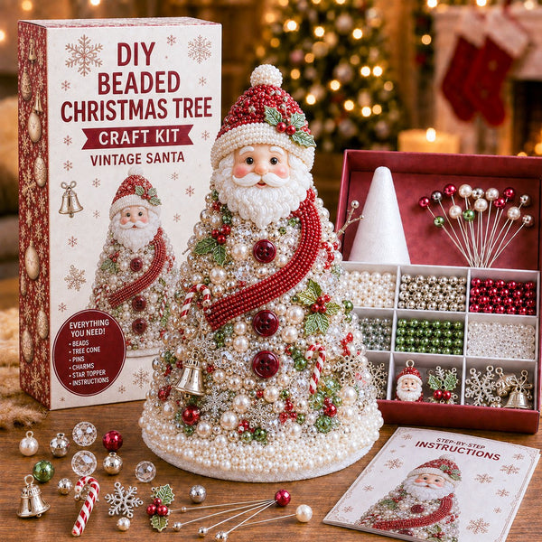 DIY Beaded Christmas Tree Craft Kit, Vintage Santa design: box, finished beaded tree, bead tray, pins, cone and instruction booklet