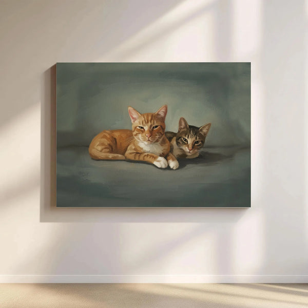 Two Cats Painting Canvas Wall Art | Orange and Brown Tabby Portrait | Premium Gallery Wrap Decor | Gift for Cat Lovers and Pe