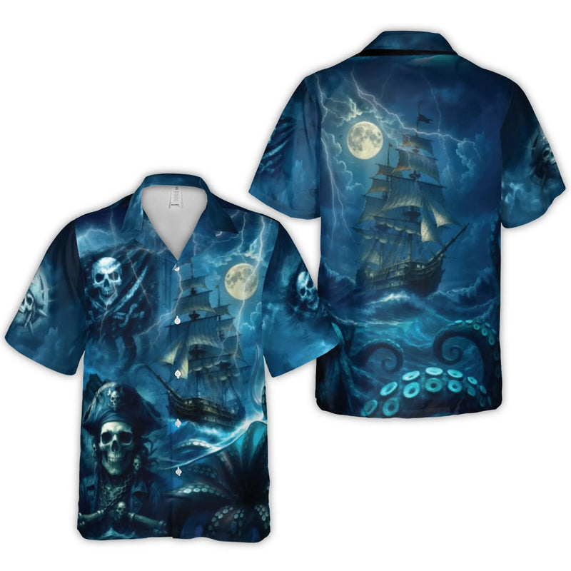 Pirate Skull Hawaiian Shirt | Kraken Stormy Sea Graphic Print | Lightweight Woven Polyester | Unique Summer Beach Gift for Men