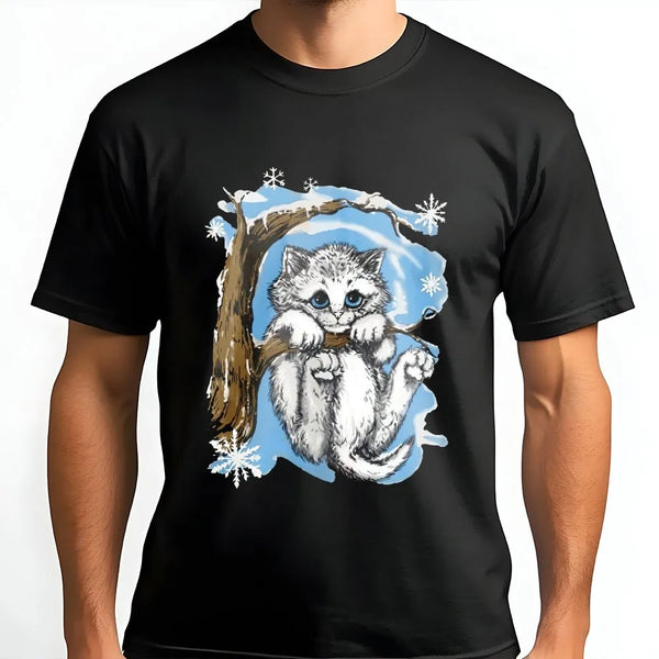 Cute Kitten T-Shirt | Winter Snow Flake Cat Illustration | 100% Cotton Premium Graphic Tee | Gift For Cat Lovers Women Men