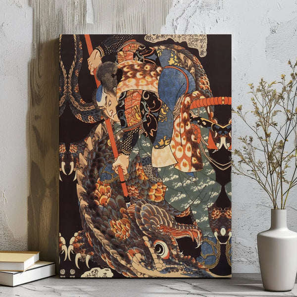 Japanese Samurai Fighting Dragon Canvas Wall Art | Ukiyo-E Warrior Print | Premium Gallery-Wrapped Wooden Frame | Unique Asia