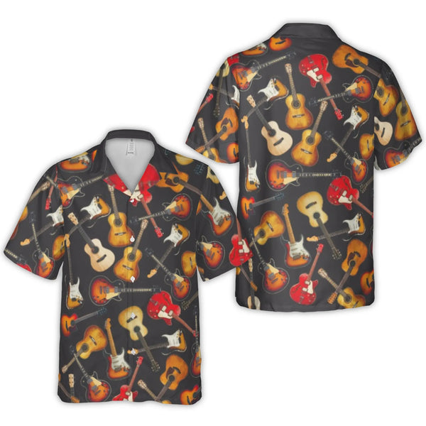 Guitar Hawaiian Shirt | All-Over Music Print Cuban Collar | Lightweight Woven Polyester | Unique Gift for Musicians and Guita