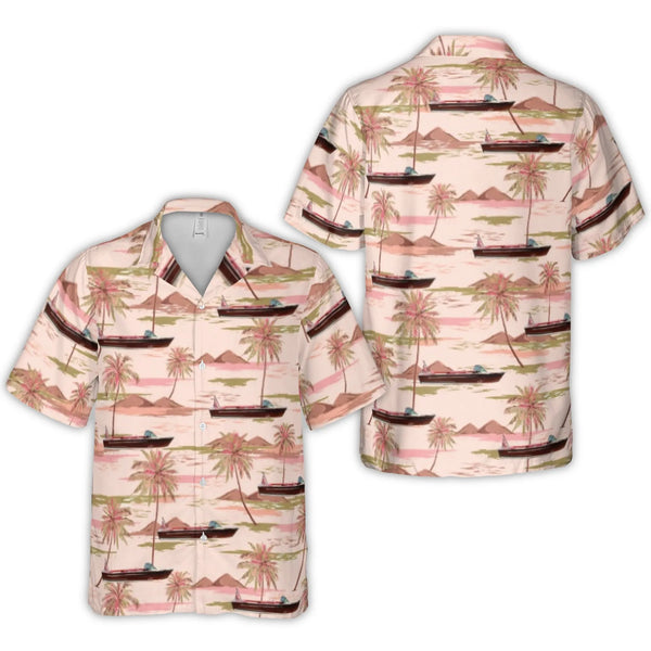 Vintage Motorboat Hawaiian Shirt | Palm Tree Tropical Print | Lightweight Moisture-Wicking Polyester | Summer Vacation Beach 