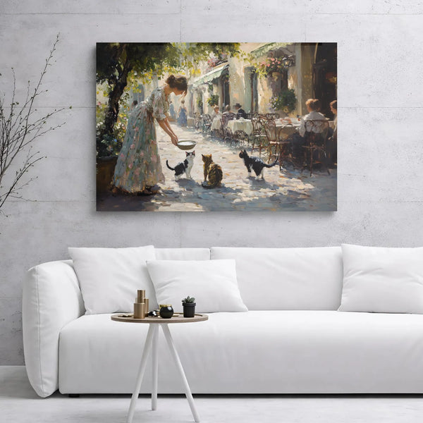 European Cafe Cat Painting | Impressionist Woman Feeding Kittens Art | Premium Gallery Wrap Canvas | Gift for Cat Lovers & Ho