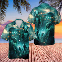 Alien Invasion Hawaiian Shirt | Sci-Fi UFO Battle Print | Lightweight Woven Polyester | Unique Gift for Sci-Fi Fans and UFO Enthusiasts