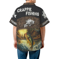 Crappie Fishing Hawaiian Shirt | Scenic Log Cabin & Lake Bass Graphic | Premium Wrinkle-Resistant Polyester | Perfect Gift for Fishermen & Outdoorsmen