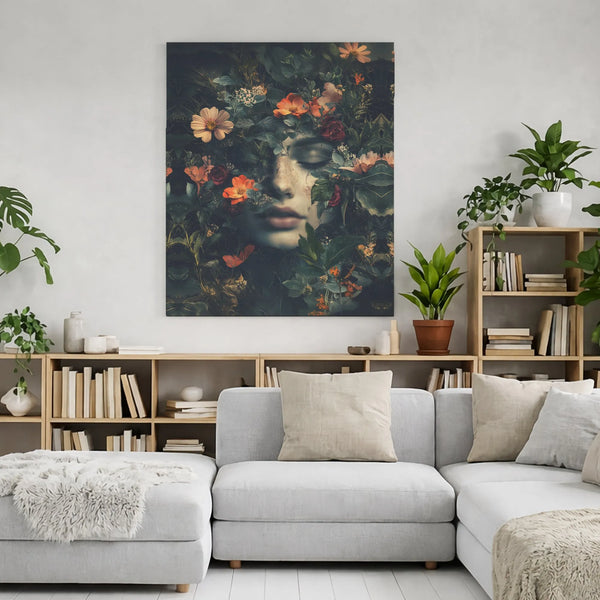 Moody Floral Woman Portrait Canvas | Dark Botanical Fine Art Print | Premium Gallery Wrap Wall Decor | Dreamy Nature Aestheti