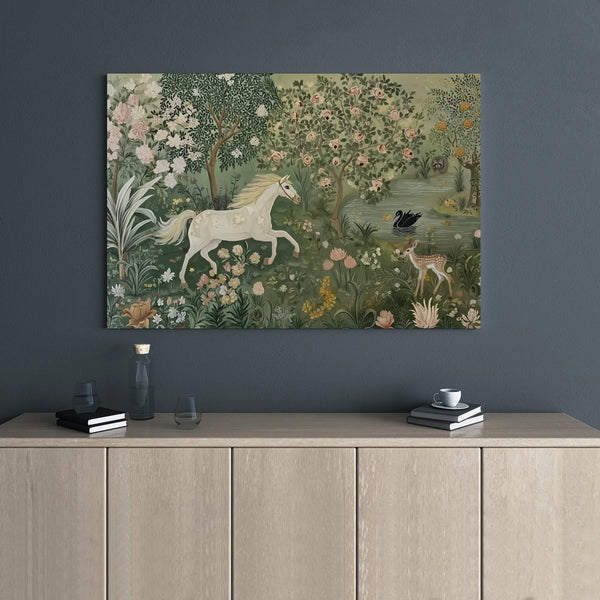 Enchanted Forest Canvas Wall Art | Whimsical Horse and Fawn Landscape | Premium 1.25-Inch Gallery Wrap | Magical Woodland Dec