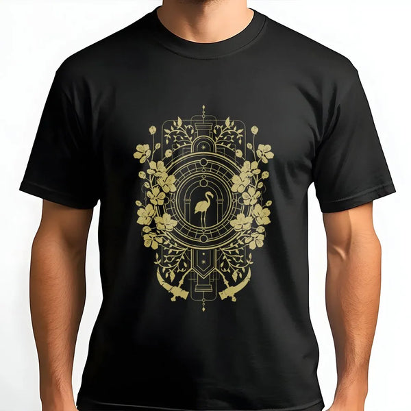 Flamingo Floral Graphic T-Shirt | Art Deco Geometric Bird Print | Premium 100% Cotton Tee | Aesthetic Streetwear Gift For Nat