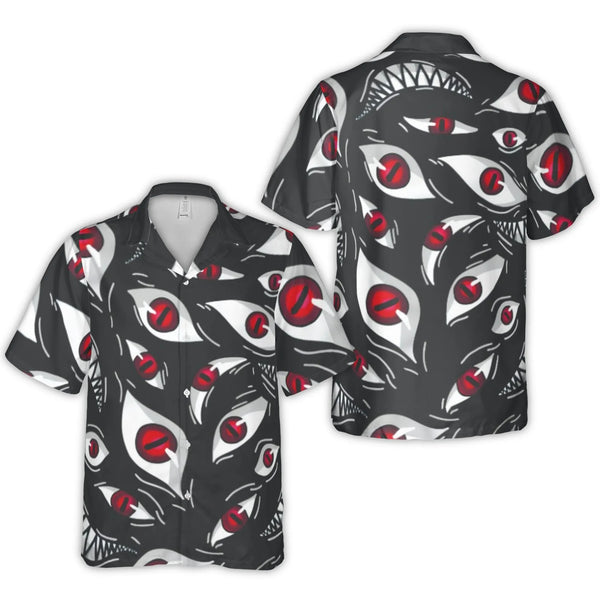 Demonic Eye Hawaiian Shirt | Spooky Red Eyes Graphic Print | Lightweight Woven Polyester | Unique Alternative Style Gift for 