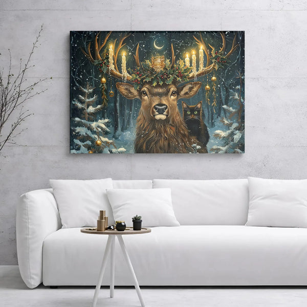 Christmas Stag Canvas Print | Whimsical Deer With Candles And Black Cat | Premium Gallery Wrapped Wall Art | Festive Winter H