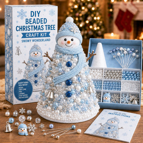 DIY Beaded Christmas Tree Craft Kit, Snowy Wonderland design: box, finished beaded tree, bead tray, pins, cone and instruction booklet