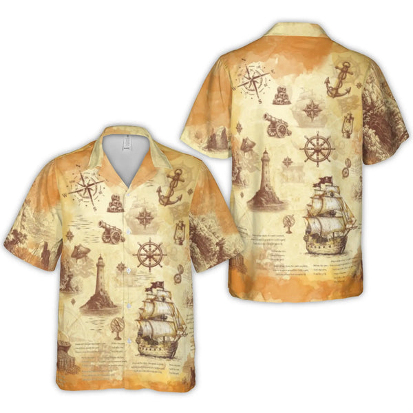 Pirate Treasure Map Hawaiian Shirt | Vintage Nautical Print Ship & Compass Design | Breathable Polyester Fabric | Unique Summ