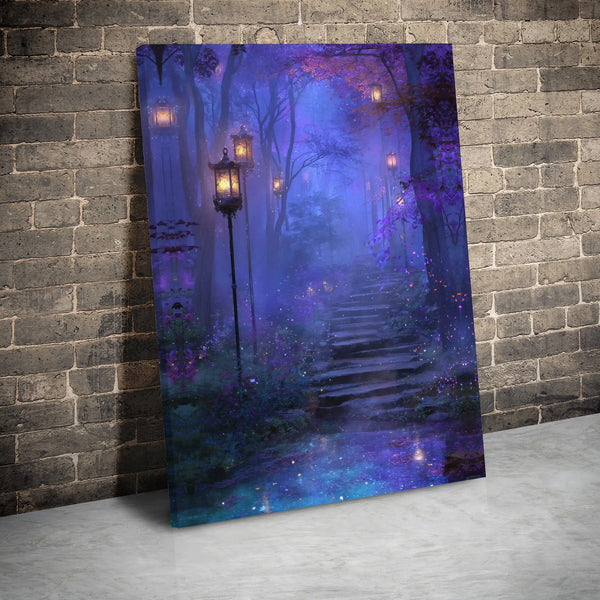 Enchanted Forest Canvas Wall Art | Magical Glowing Lanterns Path | Premium Gallery Wrapped Decor | Fantasy Room Gift for Natu